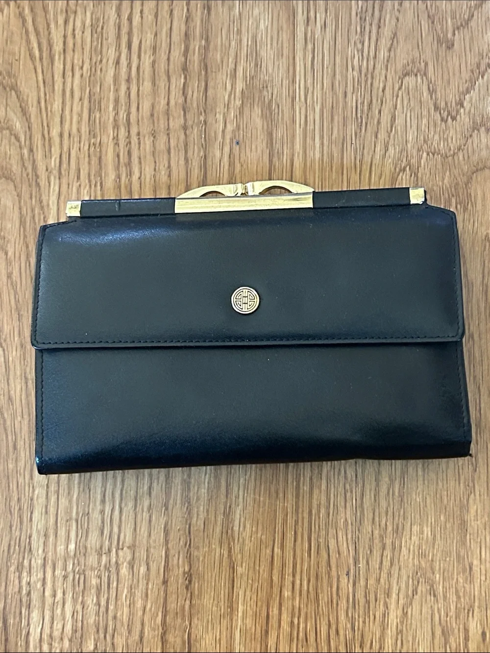 Used Women's Black fake Leather Clutch Wallet with Gold Accent